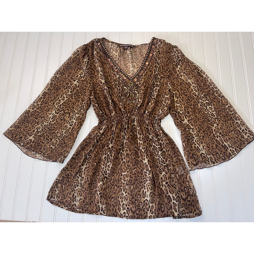 Mushka Sienna Rose Leopard Print Beaded V-Neck Bell Sleeve Tunic Top Boho Medium
